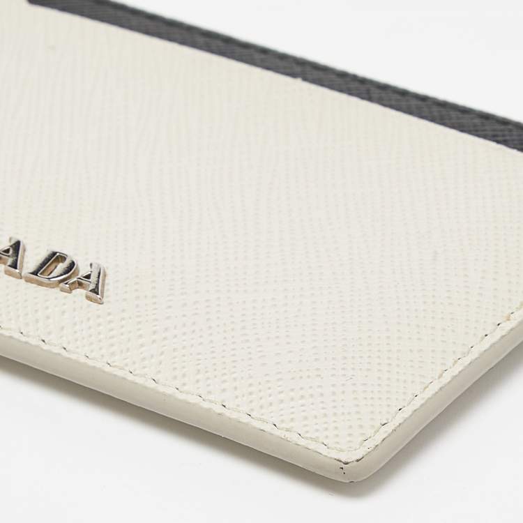 Pre Owned Prada Off White/Black Saffiano Leather Card Holder