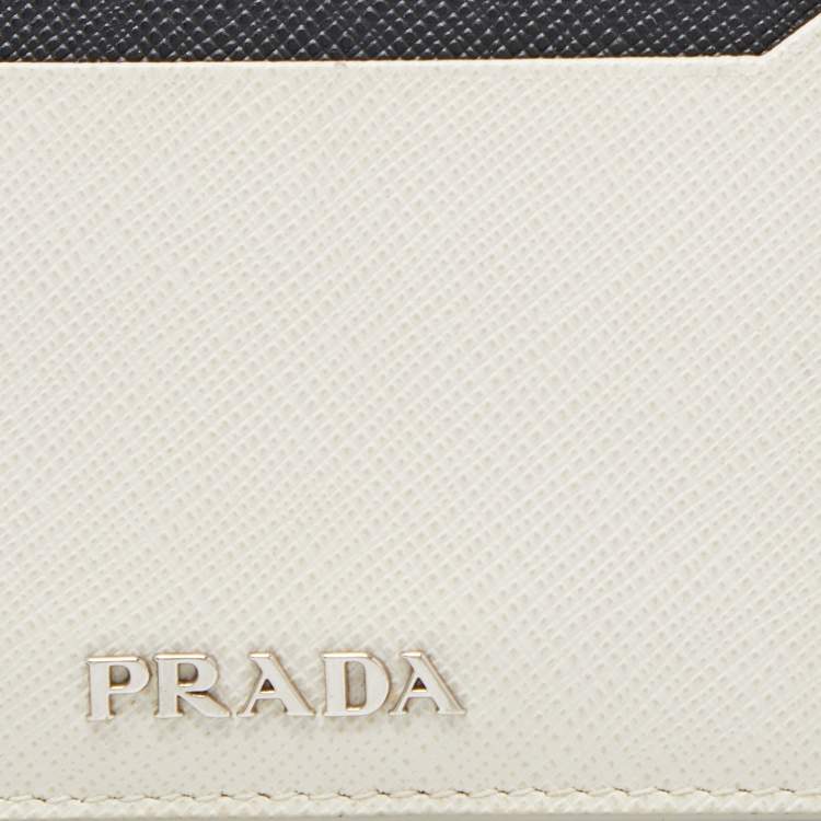 Pre Owned Prada Off White/Black Saffiano Leather Card Holder