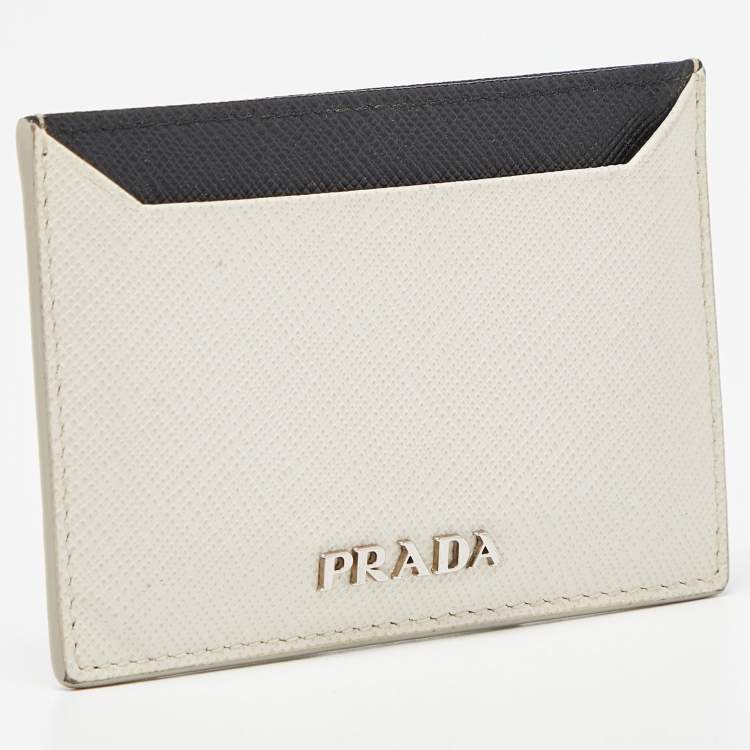 Pre Owned Prada Off White/Black Saffiano Leather Card Holder