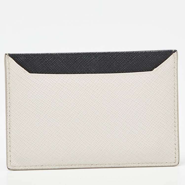 Pre Owned Prada Off White/Black Saffiano Leather Card Holder