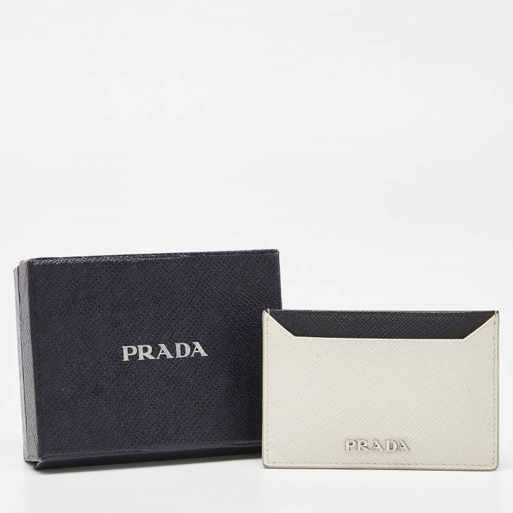Pre Owned Prada Off White/Black Saffiano Leather Card Holder