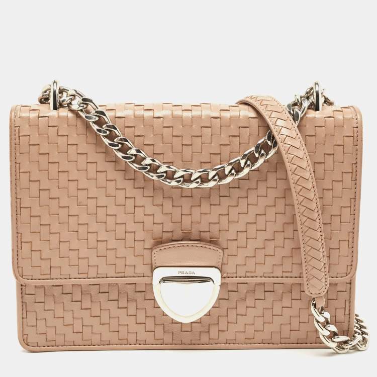 Pre Owned Prada Beige Madras Woven Leather Chain Flap Bag