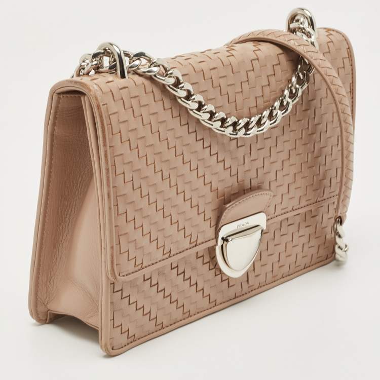Pre Owned Prada Beige Madras Woven Leather Chain Flap Bag