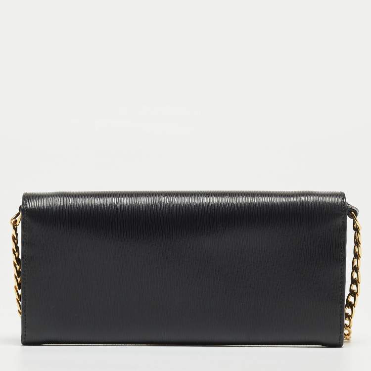 Pre Owned Prada Black Saffiano Move Leather Oro Chain Wallet On chain