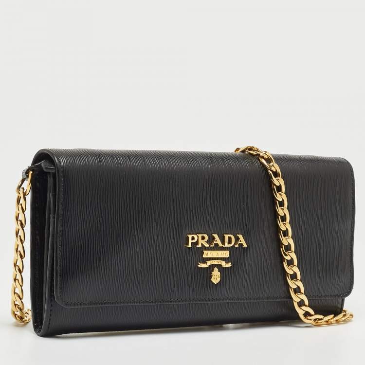 Pre Owned Prada Black Saffiano Move Leather Oro Chain Wallet On chain