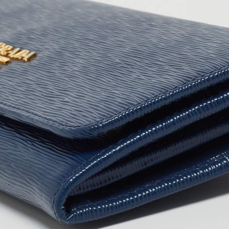 Pre Owned Prada Navy Blue Move Leather Logo Flap Continental Wallet