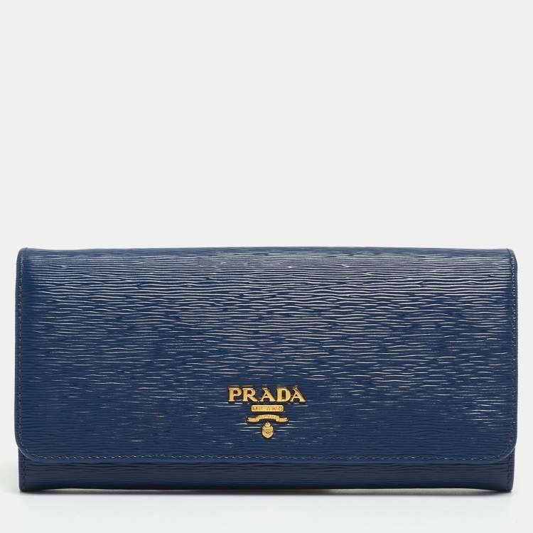 Pre Owned Prada Navy Blue Move Leather Logo Flap Continental Wallet