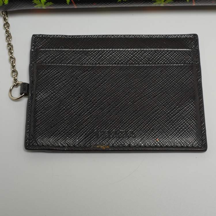 Pre Owned Prada Black Leather Palm Tree Print Flap Continental Wallet