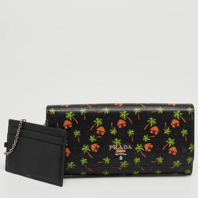 Pre Owned Prada Black Leather Palm Tree Print Flap Continental Wallet