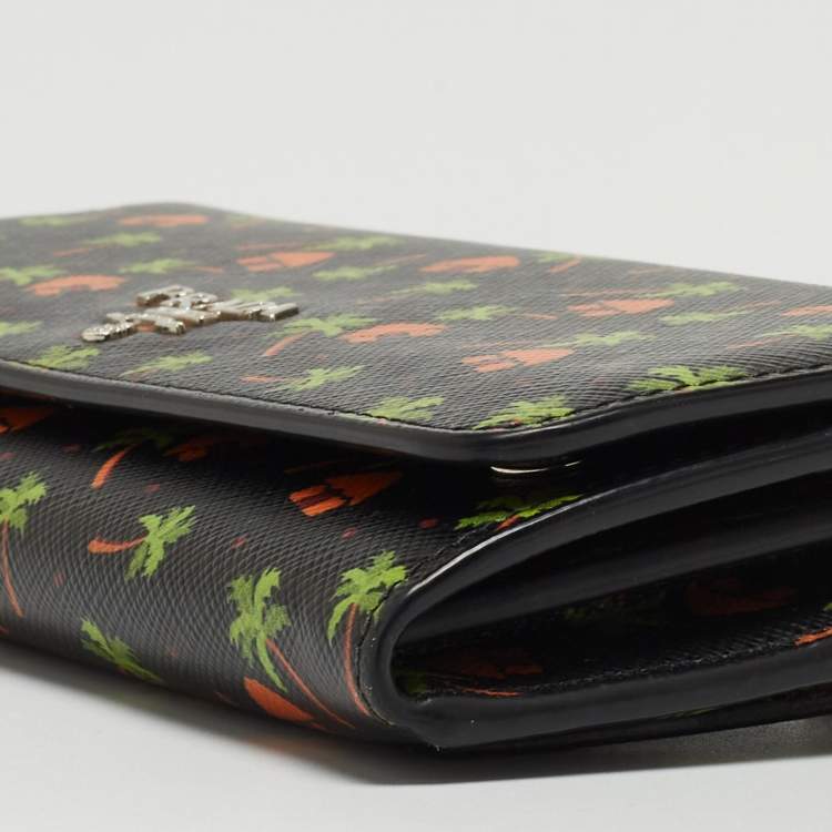 Pre Owned Prada Black Leather Palm Tree Print Flap Continental Wallet