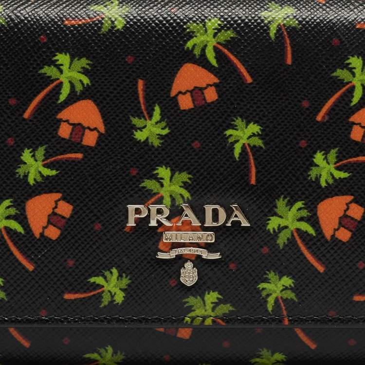 Pre Owned Prada Black Leather Palm Tree Print Flap Continental Wallet