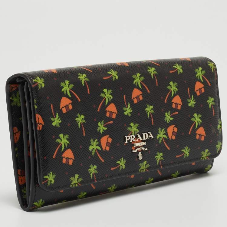 Pre Owned Prada Black Leather Palm Tree Print Flap Continental Wallet