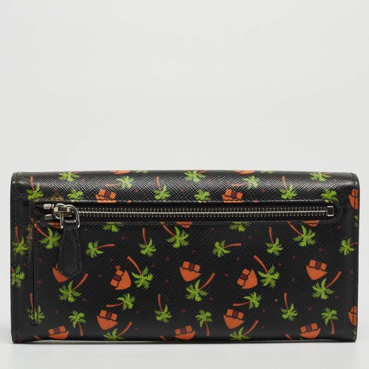 Pre Owned Prada Black Leather Palm Tree Print Flap Continental Wallet