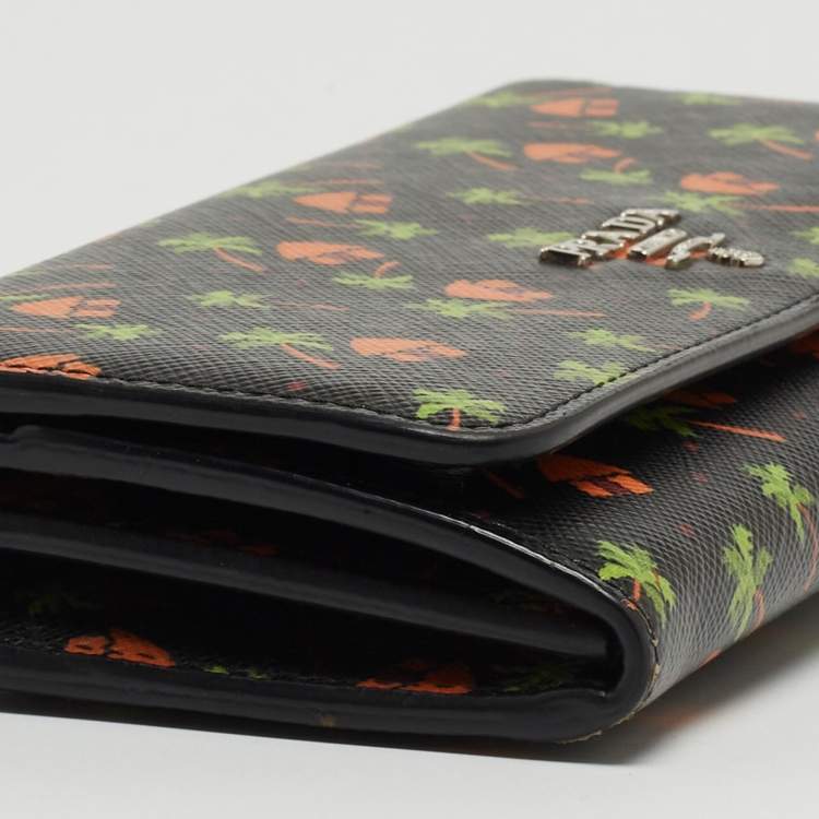 Pre Owned Prada Black Leather Palm Tree Print Flap Continental Wallet