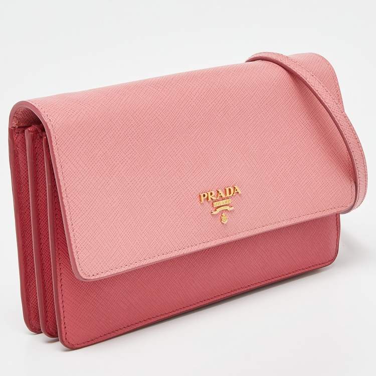 Pre Owned Prada Two Tone Pink Leather Convertible Flap Crossbody Bag