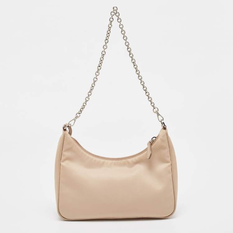 Pre Owned Prada Beige Nylon and Leather Re-Edition 2005 Baguette Bag