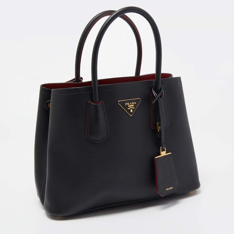 Pre Owned Prada Black Saffiano Cuir Leather Small Double Handle Tote