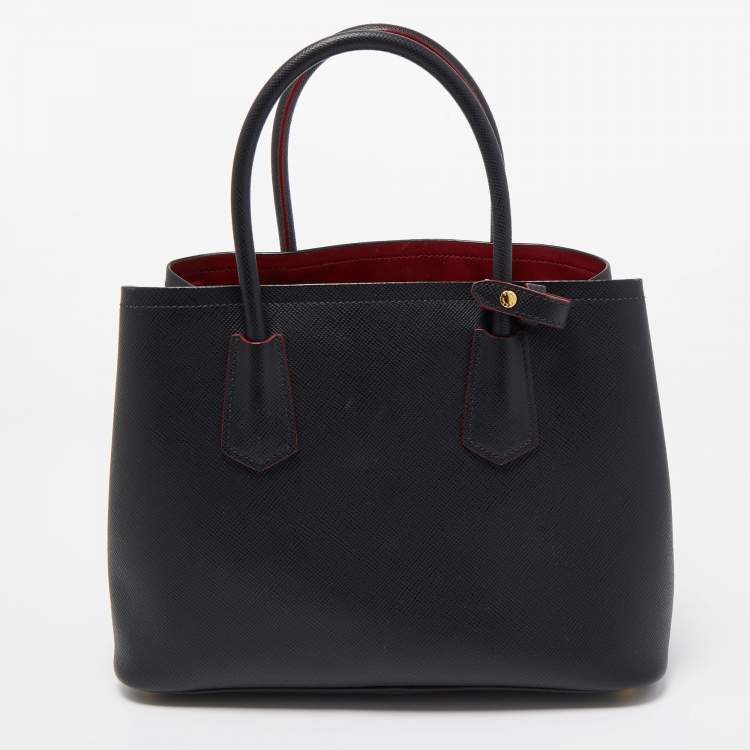 Pre Owned Prada Black Saffiano Cuir Leather Small Double Handle Tote
