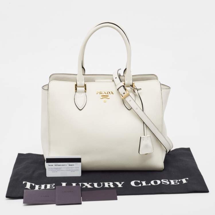 Pre Owned Prada Two Tone Off White Saffiano Lux/Soft Leather Convertible Tote
