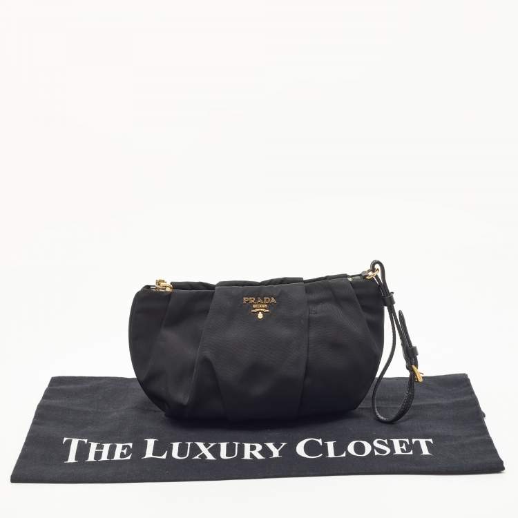 Pre Owned Prada Black Pleated Nylon Wristlet Clutch