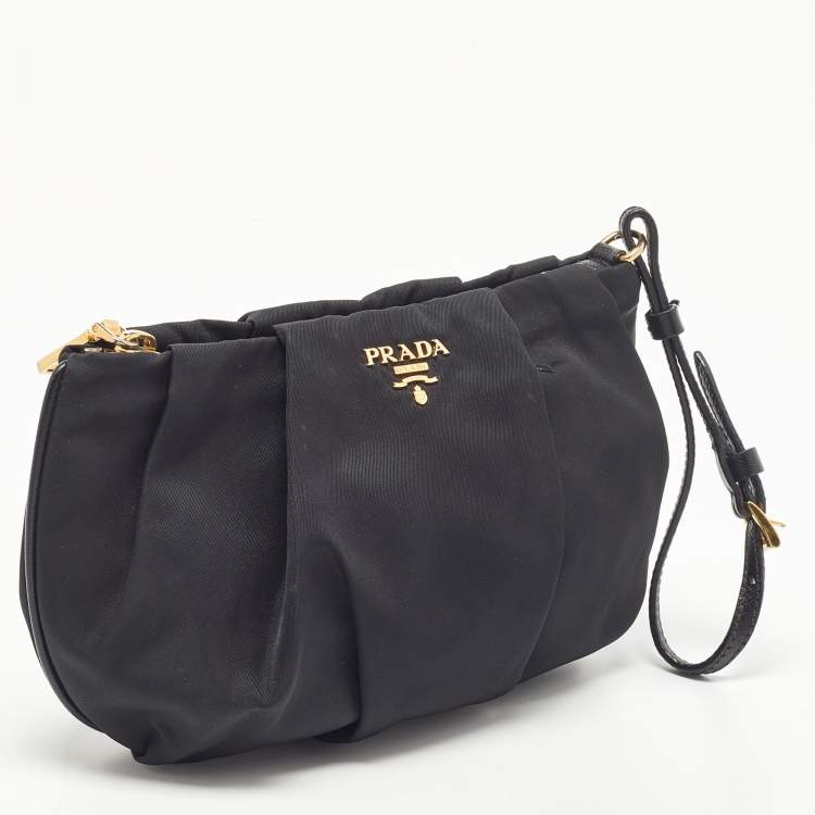 Pre Owned Prada Black Pleated Nylon Wristlet Clutch