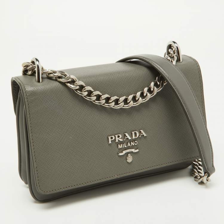 Pre Owned Prada Grey Saffiano Leather Flap Crossbody Bag