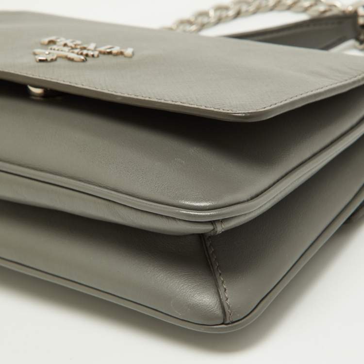 Pre Owned Prada Grey Saffiano Leather Flap Crossbody Bag