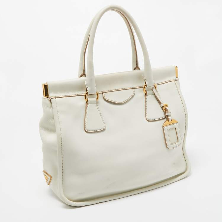 Pre Owned Prada Off White Leather Frame Tote
