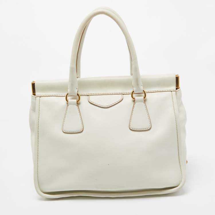Pre Owned Prada Off White Leather Frame Tote
