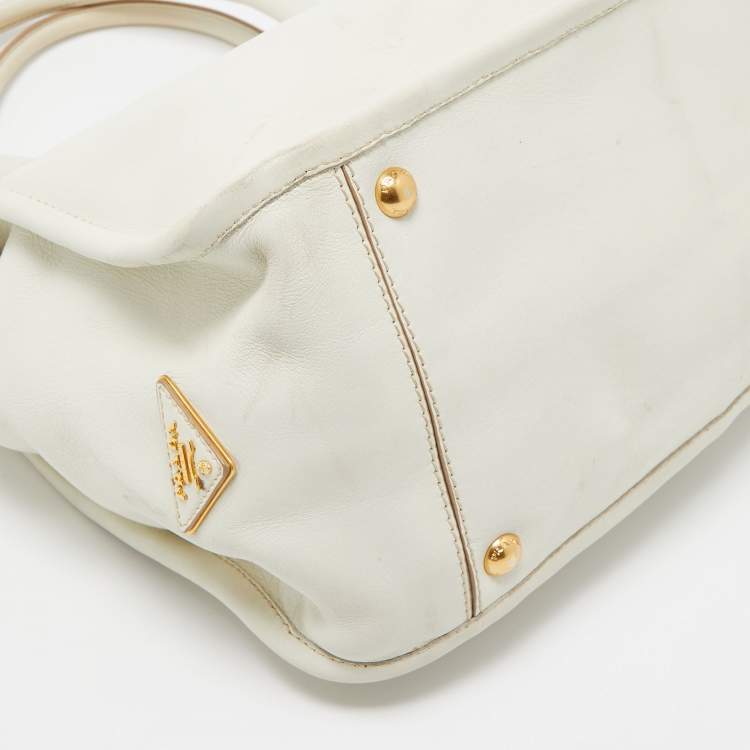 Pre Owned Prada Off White Leather Frame Tote