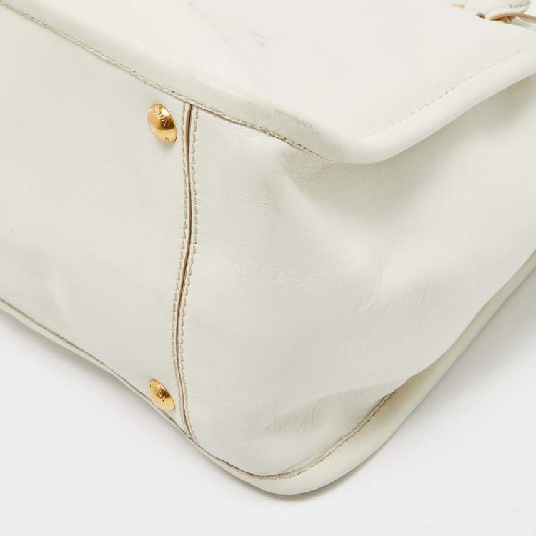 Pre Owned Prada Off White Leather Frame Tote