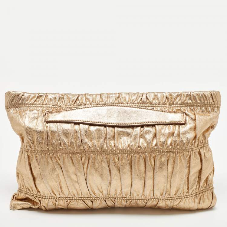 Pre Owned Prada Gold Gaufre Leather Zip Clutch