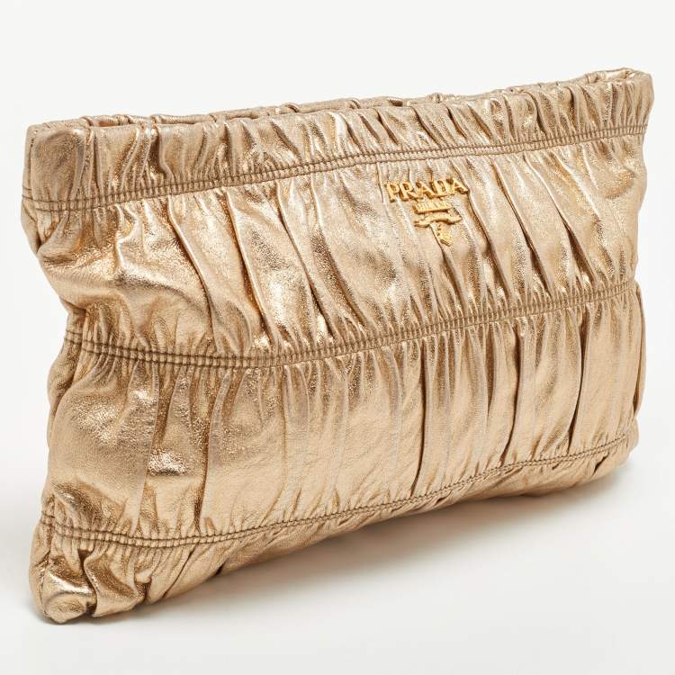 Pre Owned Prada Gold Gaufre Leather Zip Clutch