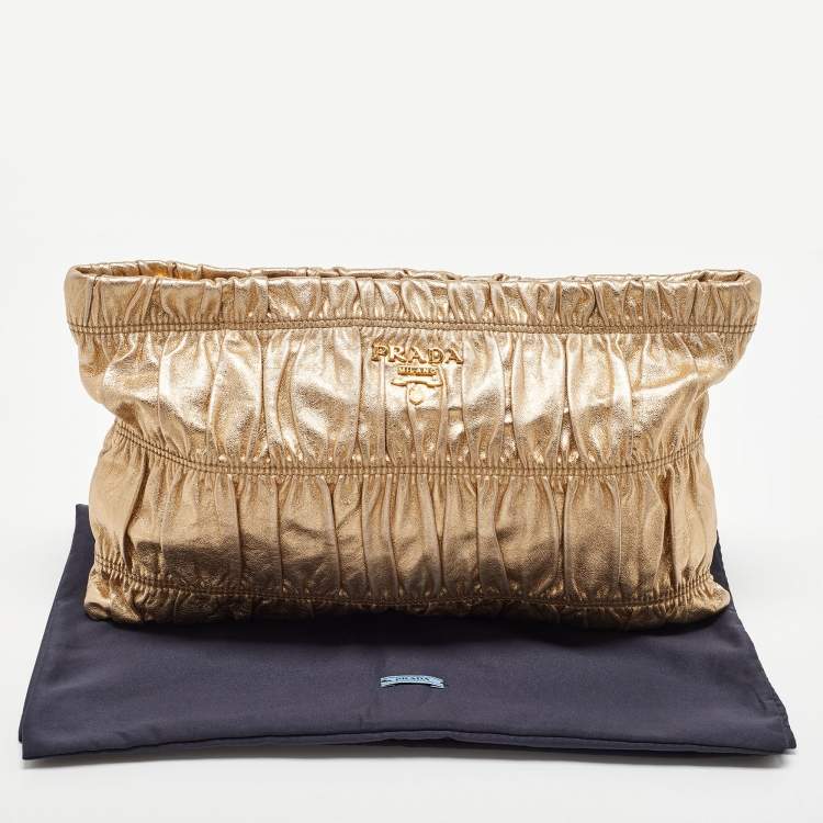 Pre Owned Prada Gold Gaufre Leather Zip Clutch