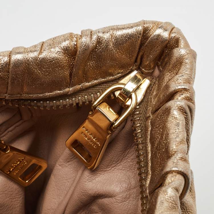 Pre Owned Prada Gold Gaufre Leather Zip Clutch