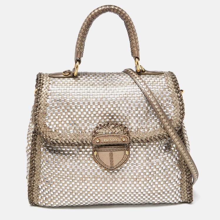 Pre Owned Prada Metallic Silver Woven Madras Leather Top Handle Bag