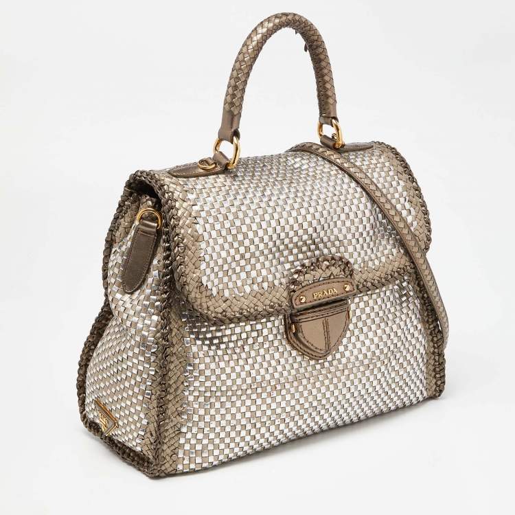 Pre Owned Prada Metallic Silver Woven Madras Leather Top Handle Bag