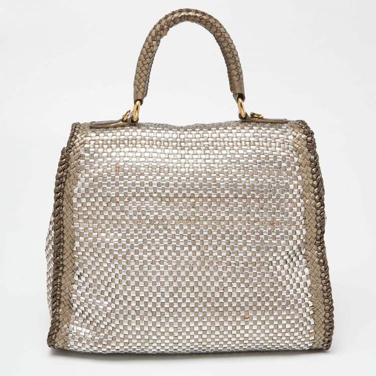 Pre Owned Prada Metallic Silver Woven Madras Leather Top Handle Bag