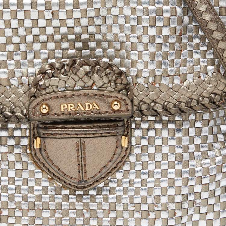 Pre Owned Prada Metallic Silver Woven Madras Leather Top Handle Bag