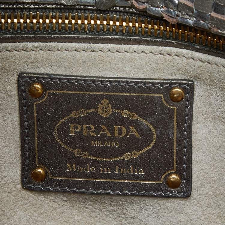 Pre Owned Prada Metallic Silver Woven Madras Leather Top Handle Bag