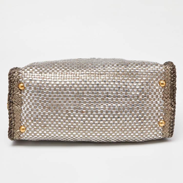 Pre Owned Prada Metallic Silver Woven Madras Leather Top Handle Bag