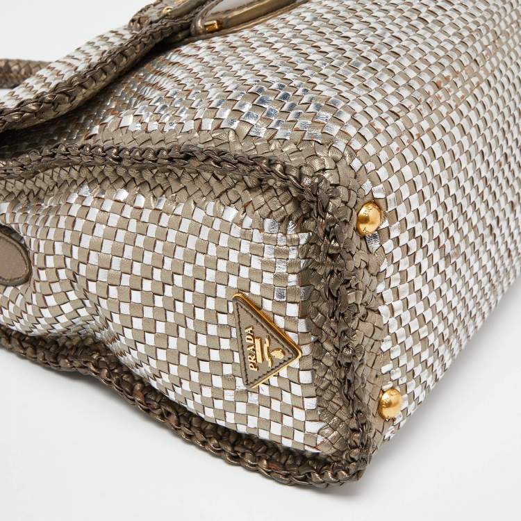 Pre Owned Prada Metallic Silver Woven Madras Leather Top Handle Bag