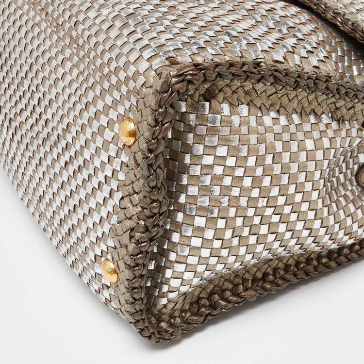 Pre Owned Prada Metallic Silver Woven Madras Leather Top Handle Bag