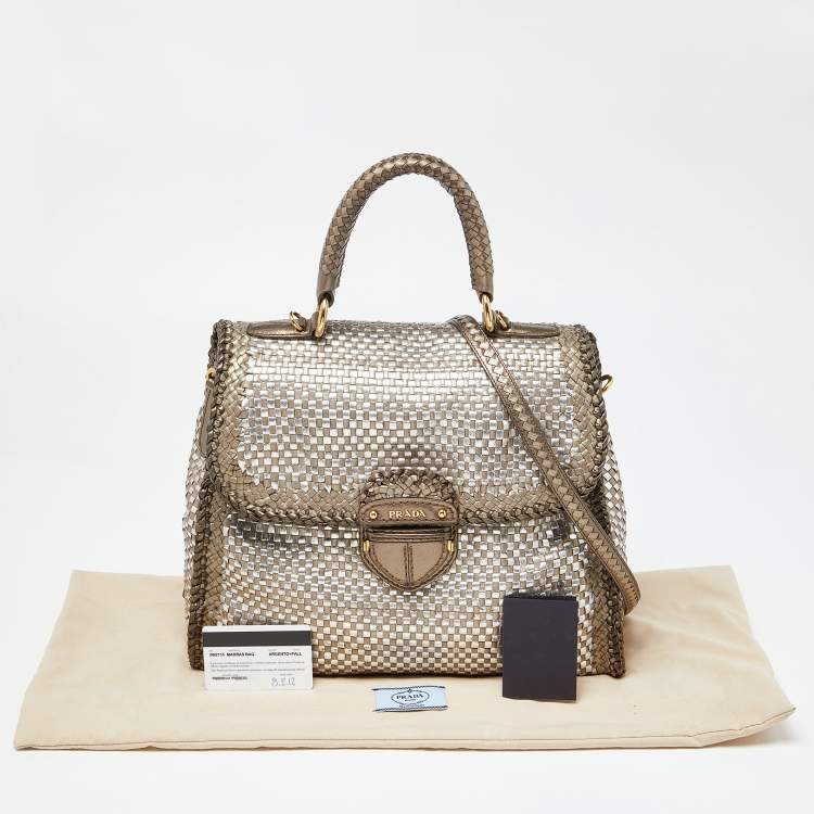 Pre Owned Prada Metallic Silver Woven Madras Leather Top Handle Bag