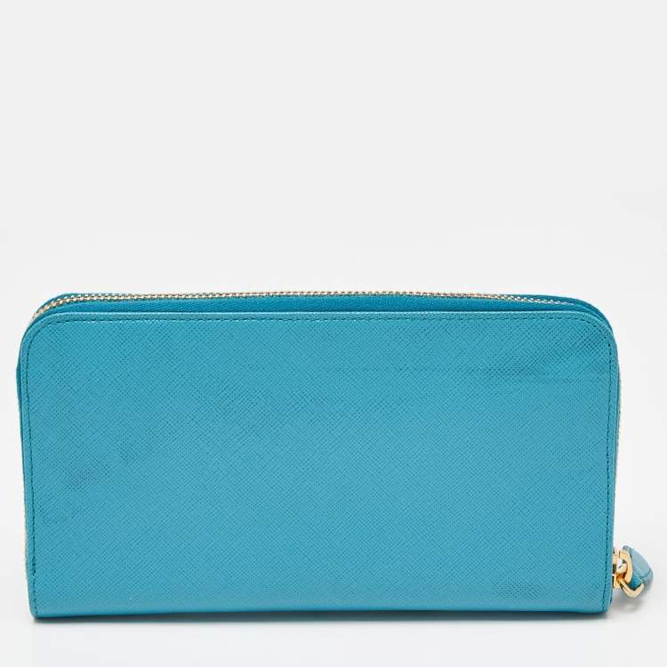 Pre Owned Prada Turquoise Saffiano Leather Zip Around Wallet