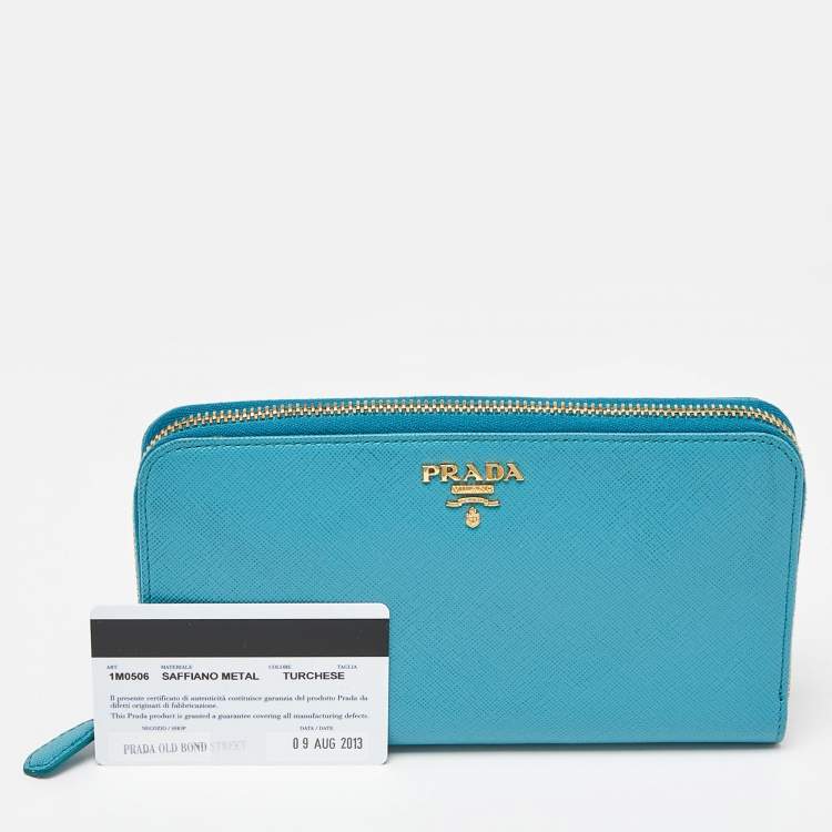 Pre Owned Prada Turquoise Saffiano Leather Zip Around Wallet