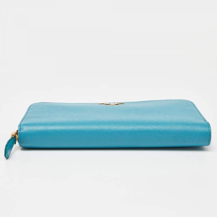 Pre Owned Prada Turquoise Saffiano Leather Zip Around Wallet