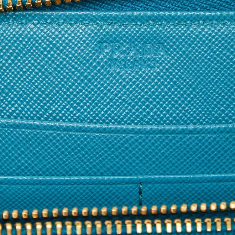 Pre Owned Prada Turquoise Saffiano Leather Zip Around Wallet