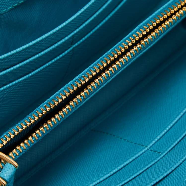 Pre Owned Prada Turquoise Saffiano Leather Zip Around Wallet