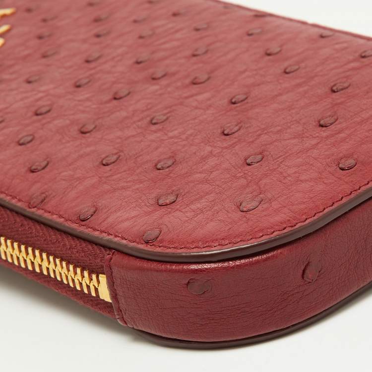 Pre Owned Prada Red Ostrich Leather Logo Phone Crossbody Pouch